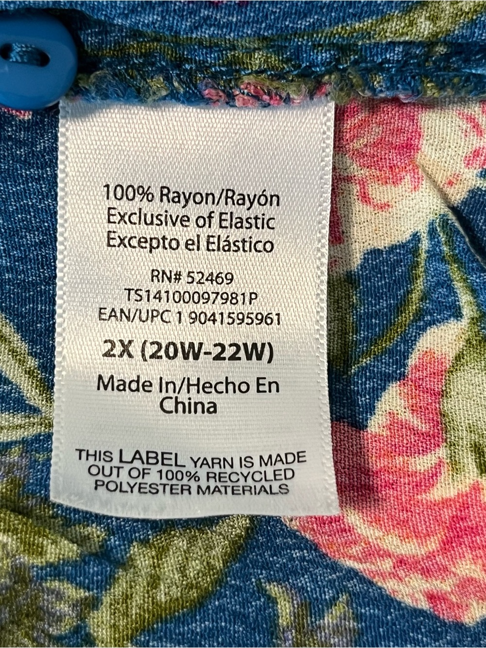 Terra & Sky Teal Floral Smocked Blouse with Pink Accents Size 2X - Picture 6 of 9